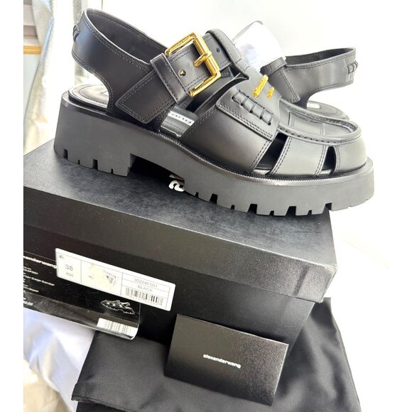 Alexander Wang Carter Cage Sandals Logo Black Leather Chunky Heel Women Size 38 - Picture 11 of 14